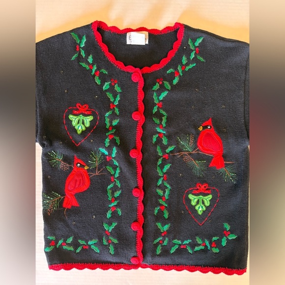 Vintage Basic Editions Holiday Christmas Cardinal black cardigan size medium - Picture 2 of 7